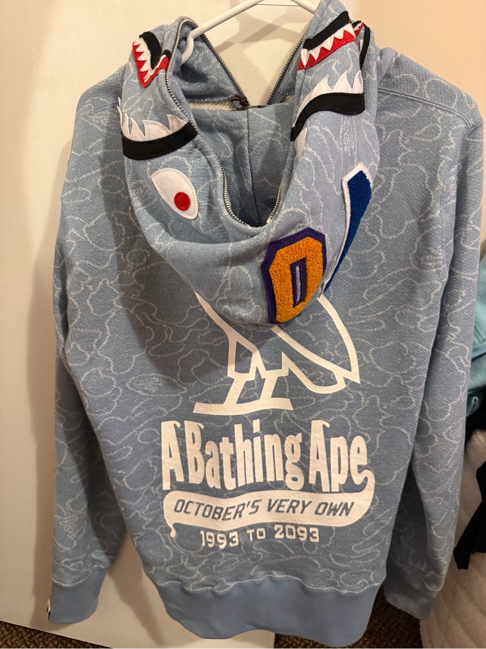 A Bathing Ape x OVO Light Blue Zip-Up Shark Hoodie